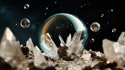Poster - bubble encased in crystals reflects a starry sky over a textured surface at night