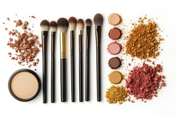Poster - An array of makeup brushes, palettes, and powders is neatly displayed on a white surface, inviting creativity in beauty application. Generative AI