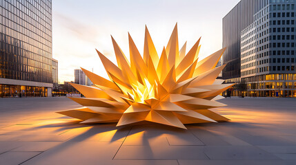 Fototapete - A striking sculpture resembling a blooming flower, illuminated in warm tones, set against modern architecture during sunset