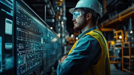 Poster - Focused engineer in safety gear observes high-tech control panels within a gas processing facility, ensuring efficient operations and monitoring systems for optimal performance