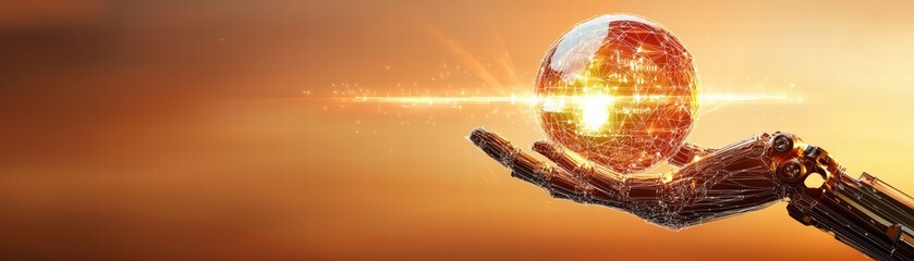 Wall Mural - digital technology low poly wireframe robot hand holding glowing data sphere in futuristic environme