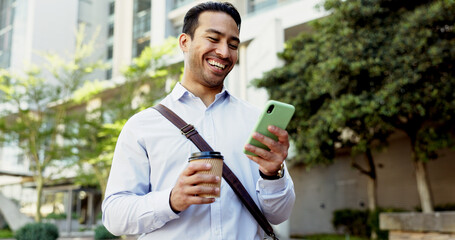 Aufkleber - Phone, coffee and happy with business man in city for communication, corporate email and travel. Networking, contact and reading with person on bridge for professional, online news and text message