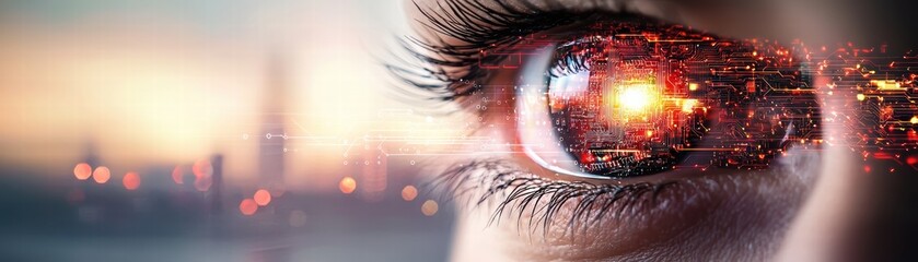 Wall Mural - digital wireframe illustration of a cybernetic eye glowing technology showcase urban environment fut
