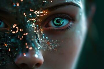 Poster - Close-up of a human face with digital and robotic features in a futuristic transformation