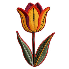 Vibrant embroidered tulip patch with intricate detailing and bold colors perfect for enhancing fabrics.