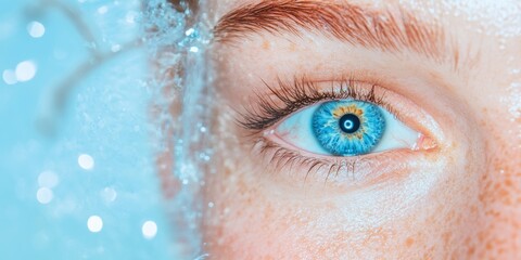 Poster - Digital Focus Close-Up on Eye with Screen Reflection and Abstract Blue Background