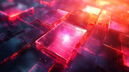 Wall Mural - vivid magenta and crimson squares on a dark background emanating light and particles in an abstract 