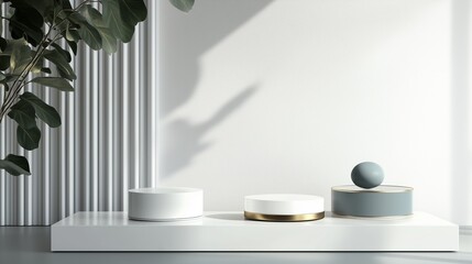 Poster - Modern design display featuring three minimalist shapes with shadows and a plant