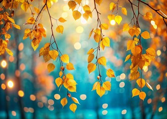 Wall Mural - Candid Capture of Yellow Autumn Leaves and Birch Branches in Light Cyan and Bokeh, Emphasizing Dark Orange and Light Gray with Vignetting Against a Sky-Blue Background