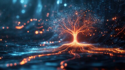 Poster - Illuminated Tree of Life with Glowing Roots and Digital Background