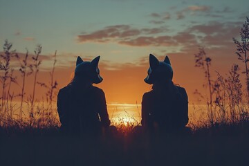 Naklejka na meble At sunlight, two individuals wearing fox masks sat opposite one another. Generative Ai