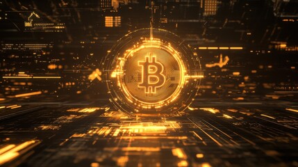 Poster - Futuristic Digital Display with Golden Bitcoin Symbol and Circuitry