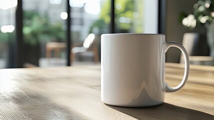 Wall Mural - White Mug Rests on Wooden Table Near Window