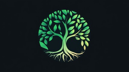 Poster - Abstract Tree Design with Green Leaves and Roots on Dark Background