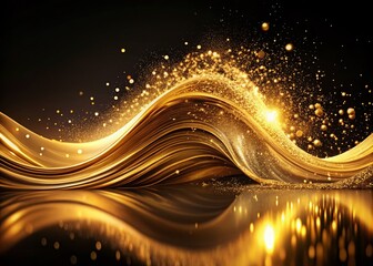 Poster - Captivating Abstract Wave of Golden Fluidity with Sparkling Highlights Set Against a Dark Background, Perfectly Balanced Using the Rule of Thirds for Stunning Visual Impact