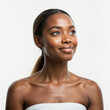 © Everlasting Dreams - Natural beauty smiling African woman with a dark complexion, looking up and to the side, wearing white towel, cosmetics skincare, wellness spa and selfcare advertisement campaign - isolated on white