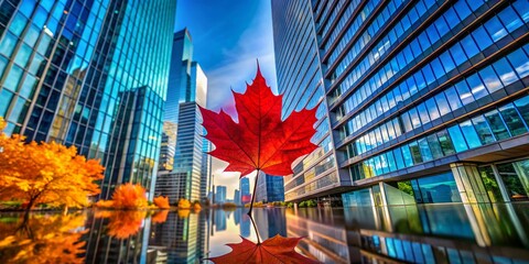 Poster - Captivating Architectural Photography Featuring a Vibrant Red Maple Leaf Against a Modern Urban Background with Reflections in Glass and Concrete Structures