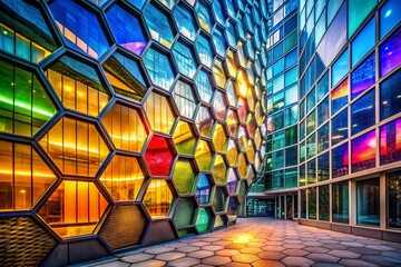 Poster - Captivating Architectural Photography of Tri-Color Hexagon Transitions Showcasing Innovative Design Elements in Modern Urban Spaces