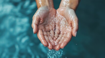Poster - Woman holding flowing water in hands, symbolizing cleansing, renewal, and healing touch
