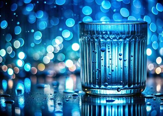Poster - Captivating Blue Ribbed Glass Texture with Water Drops Enhancing Bokeh Effect for Stunning Visual Appeal in Stock Photography
