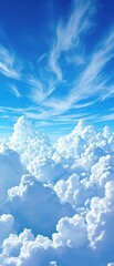 a brilliant blue sky with vibrant cloud formations creating depth and interest , deep perspective,