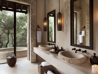 Wall Mural - Bathroom with large mirror and stone sinks
