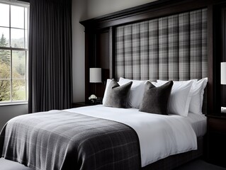Wall Mural - Bedroom with upholstered headboard and luxury linens
