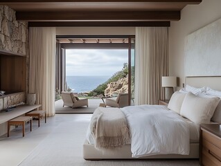 Wall Mural - Bedroom overlooking ocean with modern furniture