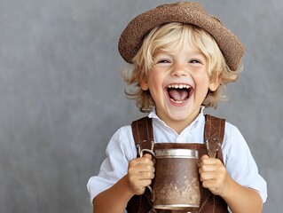 Wall Mural - Boy in Bavarian lederhosen smiling and holding a stein