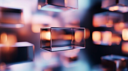 Poster - Colorful floating glass blocks create a modern abstract art display in a digital environment with soft glowing lights