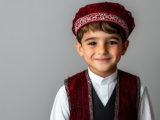 Wall Mural - Boy in traditional Turkish fez and vest with cultural patterns