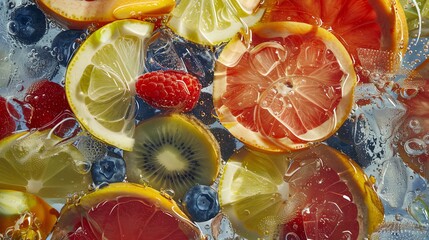 Wall Mural - a close-up shot of sliced fruit and berries submerged in water.
