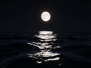 bright full moon over a dark ocean with moonlight reflection