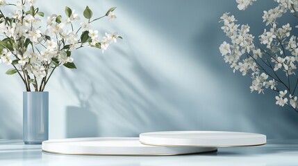 Poster - elegant arrangement of minimalist plates with delicate flowers in a serene setting