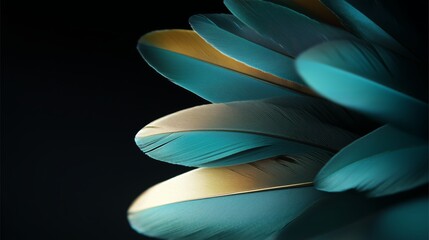 Poster - vibrant teal and gold feathers displayed against a dark background showcasing intricate textures and