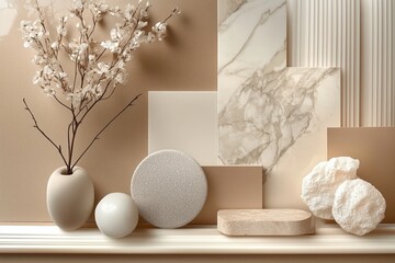 interior design material sample moodboard with luxury surfaces like mocha marble and wood