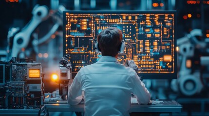 A Man in a White Coat Works on a Computer with a Circuit Board Display in a High-Tech Industrial Setting