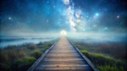 a wooden path leading into the ethereal mist beneath a celestial tapestry of stars and a shimmering 