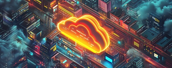 Poster - A detailed isometric illustration of cloud storage and file sharing