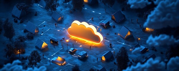 Poster - A detailed isometric illustration of cloud storage and file sharing
