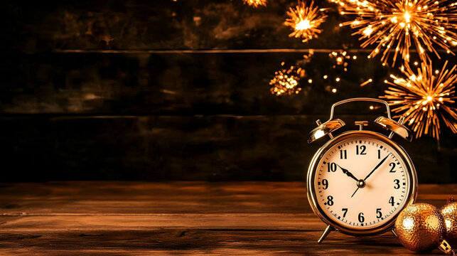 New Year's Eve of 2025: Clock and Golden Fireworks - Midnight Countdown - Abstract Defocused Background 