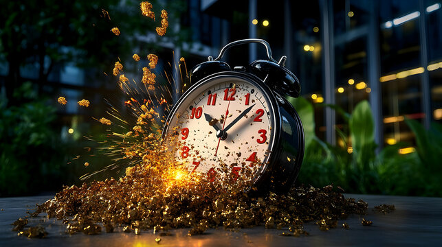 New Year's Eve of 2025: Clock and Golden Fireworks - Midnight Countdown - Abstract Defocused Background 
