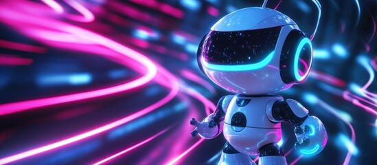Cute robot in neon light trails.