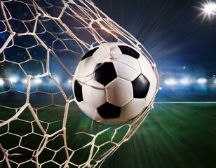 Wall Mural - Soccer ball in goal on grass with blured background