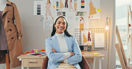 Wall Mural - Arms crossed, creative and portrait of fashion designer woman in textile workshop for production. Clothes, confident and wall with happy style director at desk in office for manufacturing process