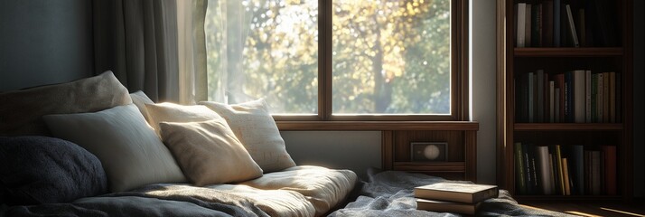 Sticker - A cozy reading nook by the window, with soft cushions, a small wooden bookshelf, and light streaming in from the outside.