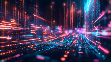 Leinwandbilder - A vibrant, futuristic digital landscape featuring glowing lines and particles, creating a sense of depth and movement through a colorful data stream.