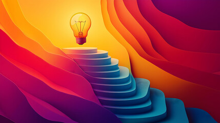 Aufkleber - A vibrant illustration of a staircase leading to a glowing light bulb, symbolizing creativity and inspiration amidst colorful waves.