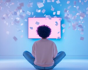 Poster - Conceptual Image of Digital Overload Person Facing Screen with Floating Notifications in Blue Hue
