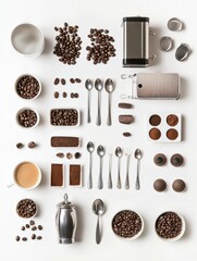 Leinwandbilder - Flat lay composition features coffee beans, cups, spoons, and a coffee maker, all set against a clean, white background for creative use. Generative AI